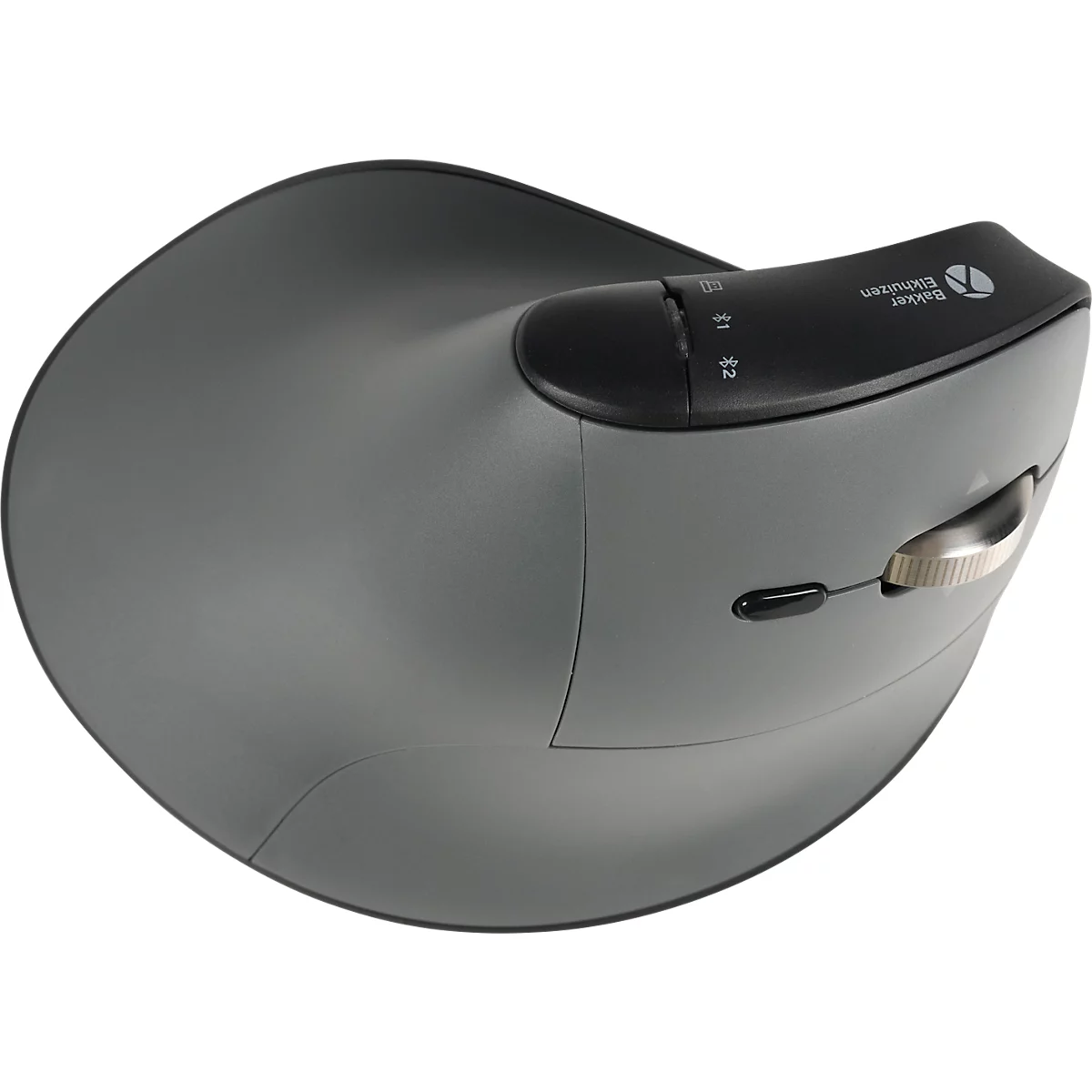 Ergonomische muis, grijs-zwart. Knoppen boven, scrollwiel eronder, een kleine knop rechts.