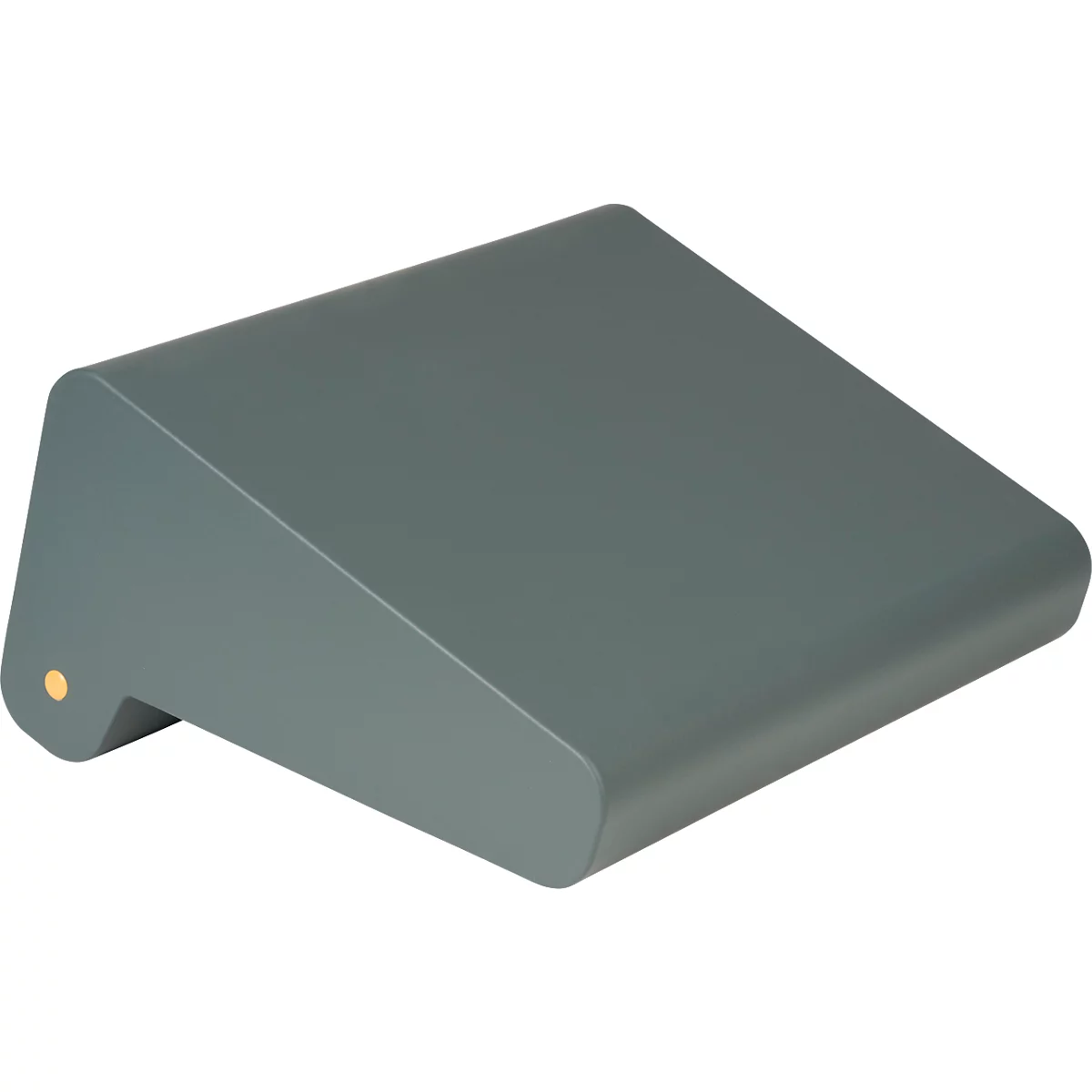 Meuble gris et angulaire avec un bord biseauté et un point doré.