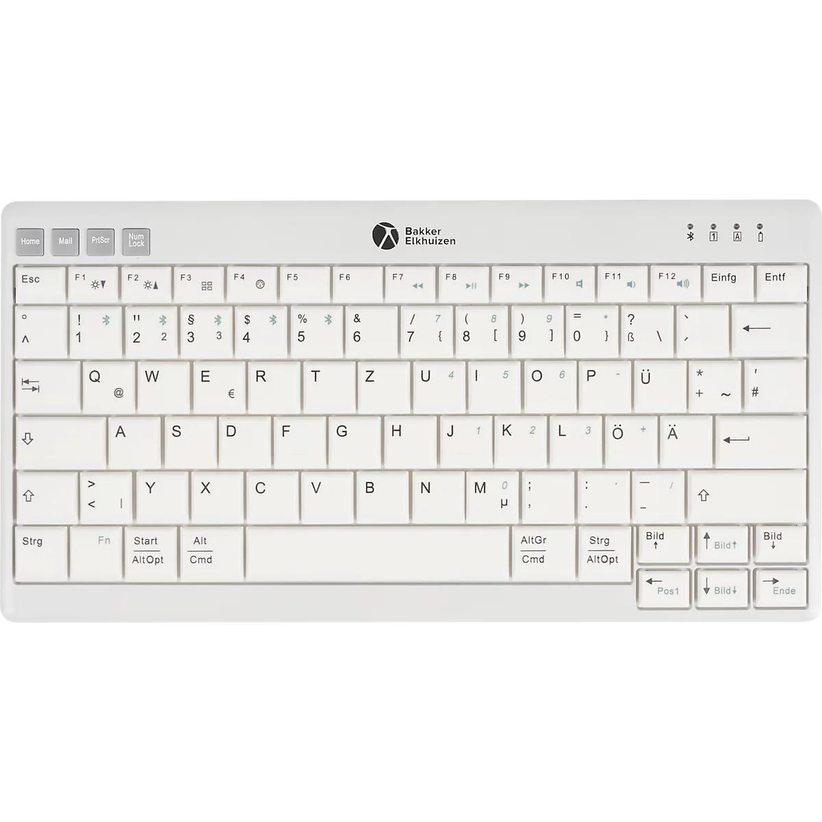 Weiße Tastatur mit Beschriftung. Oberhalb: Logo. Tasten mit Buchstaben und Zeichen.