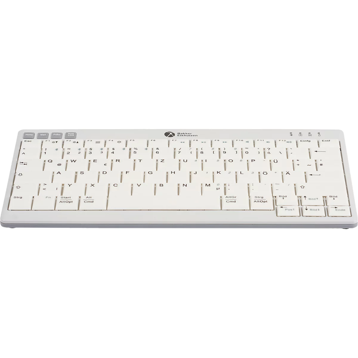 Drahtlose, helle Tastatur mit Buchstaben, Ziffern und Symbolen.