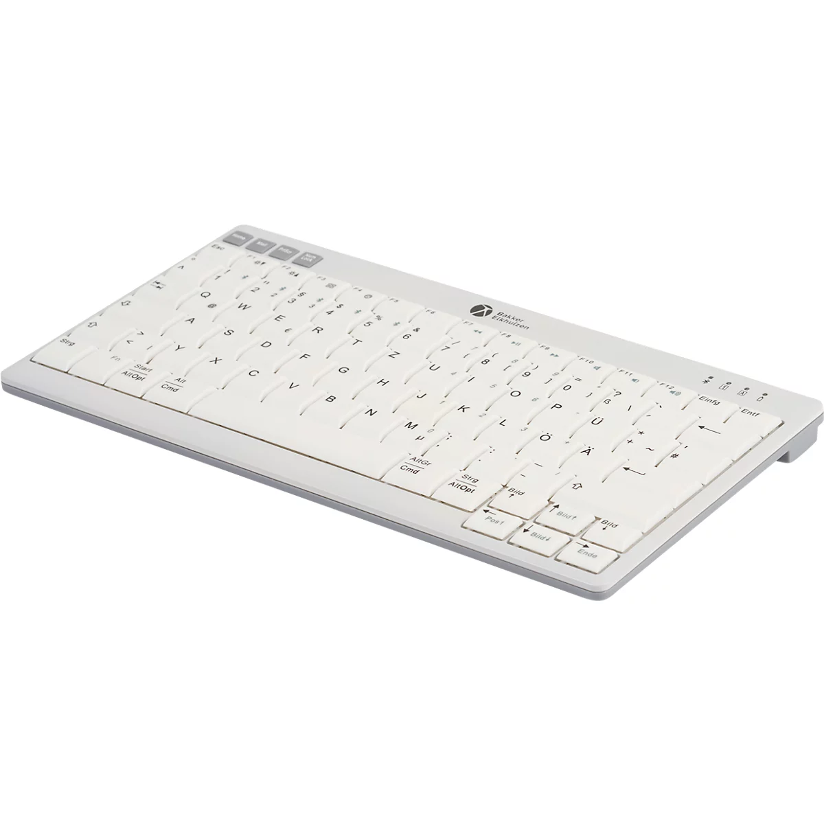 Hellgraue Tastatur mit weißen Tasten, Buchstaben und Sonderzeichen. Oben rechts befinden sich LED-Lichter. Die Tastatur ist leicht angewinkelt.
