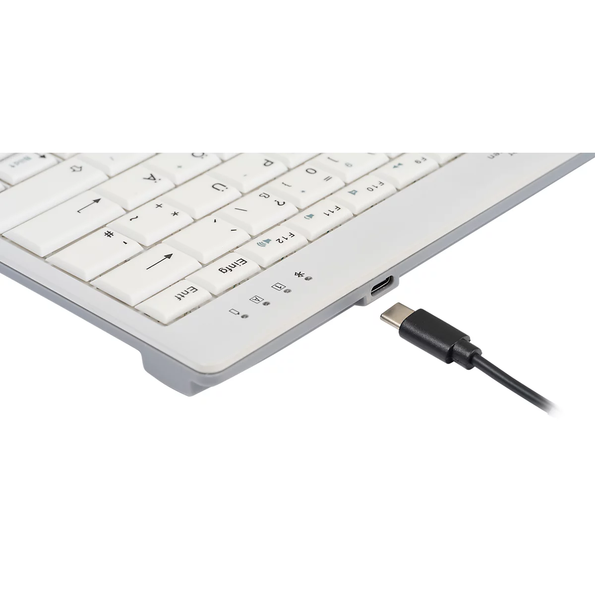 Graue Tastatur mit weißen Tasten, blau hervorgehobenen Buchstaben, Buchstaben und Ziffern. Das Logo von Becker Electronics ist sichtbar.