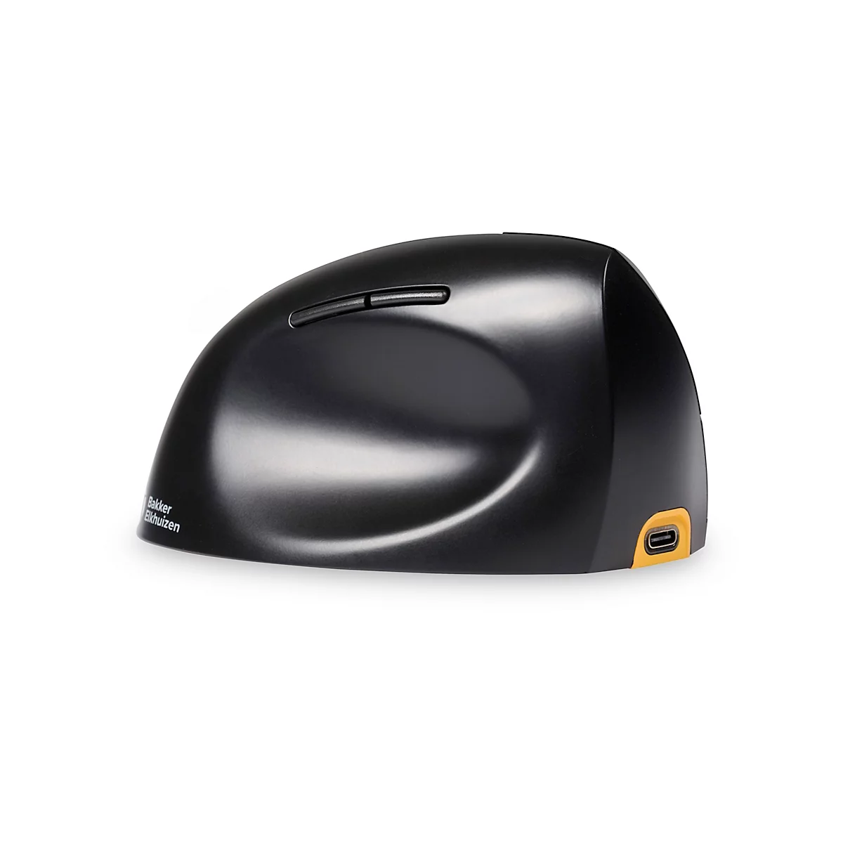 Zwarte, ergonomische muis. Twee knoppen bovenop, USB-poort aan de zijkant.