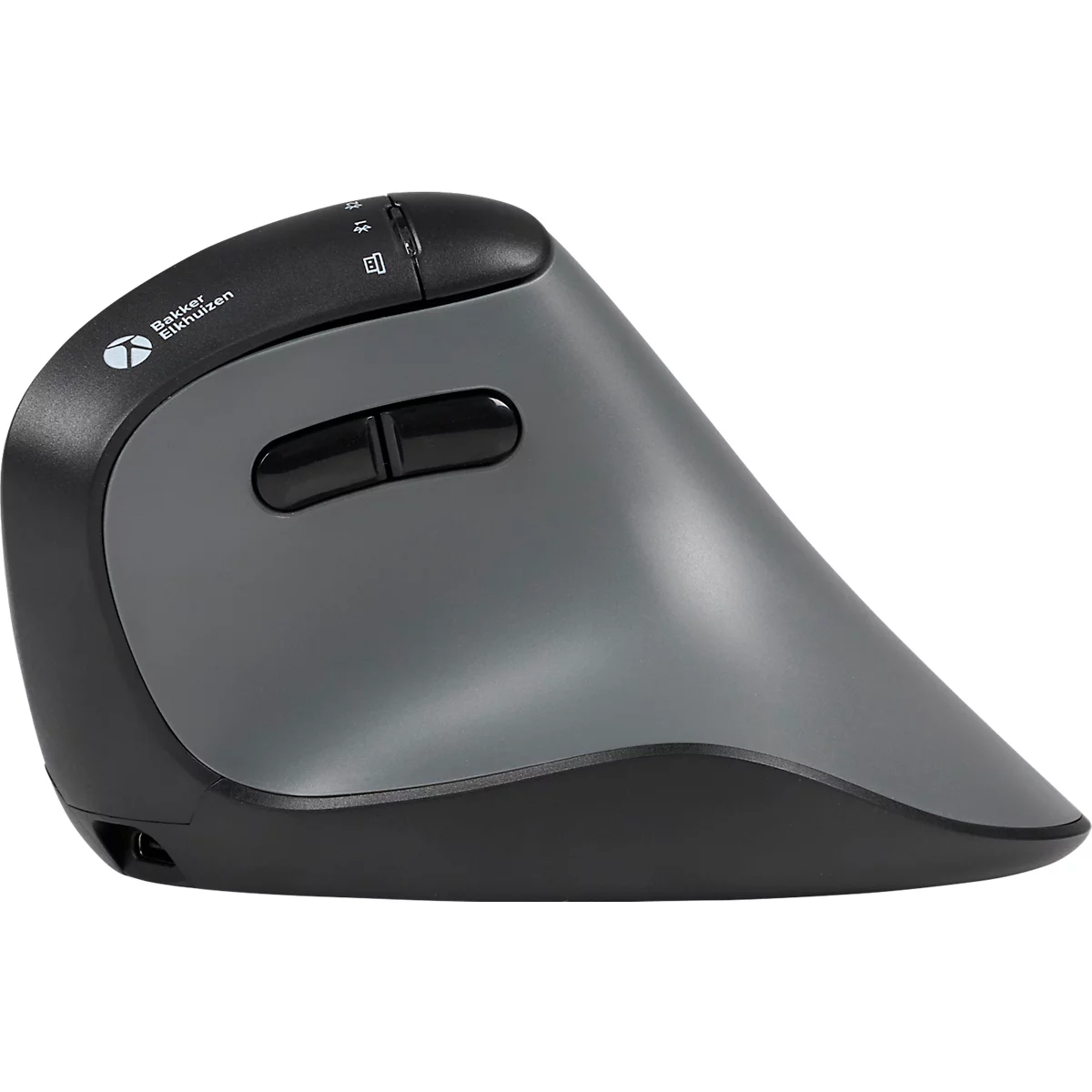 Ergonomische, graue Vertikalmaus. Oben schwarze Tasten und ein Rad, seitlich zwei schwarze Knöpfe. Herstellerlogo.