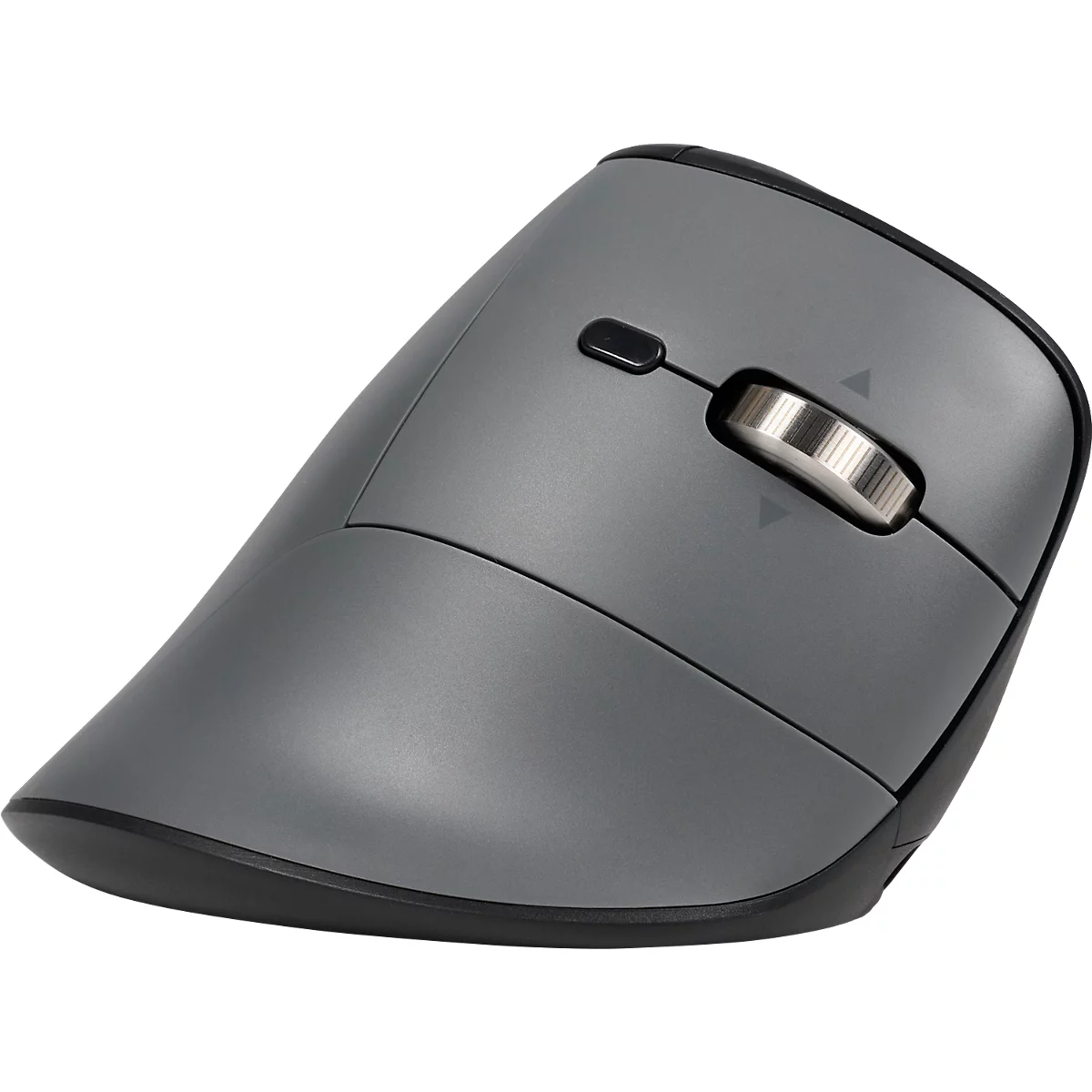 Graue ergonomische Maus, mit silbernem Scrollrad und seitlichen Tasten.