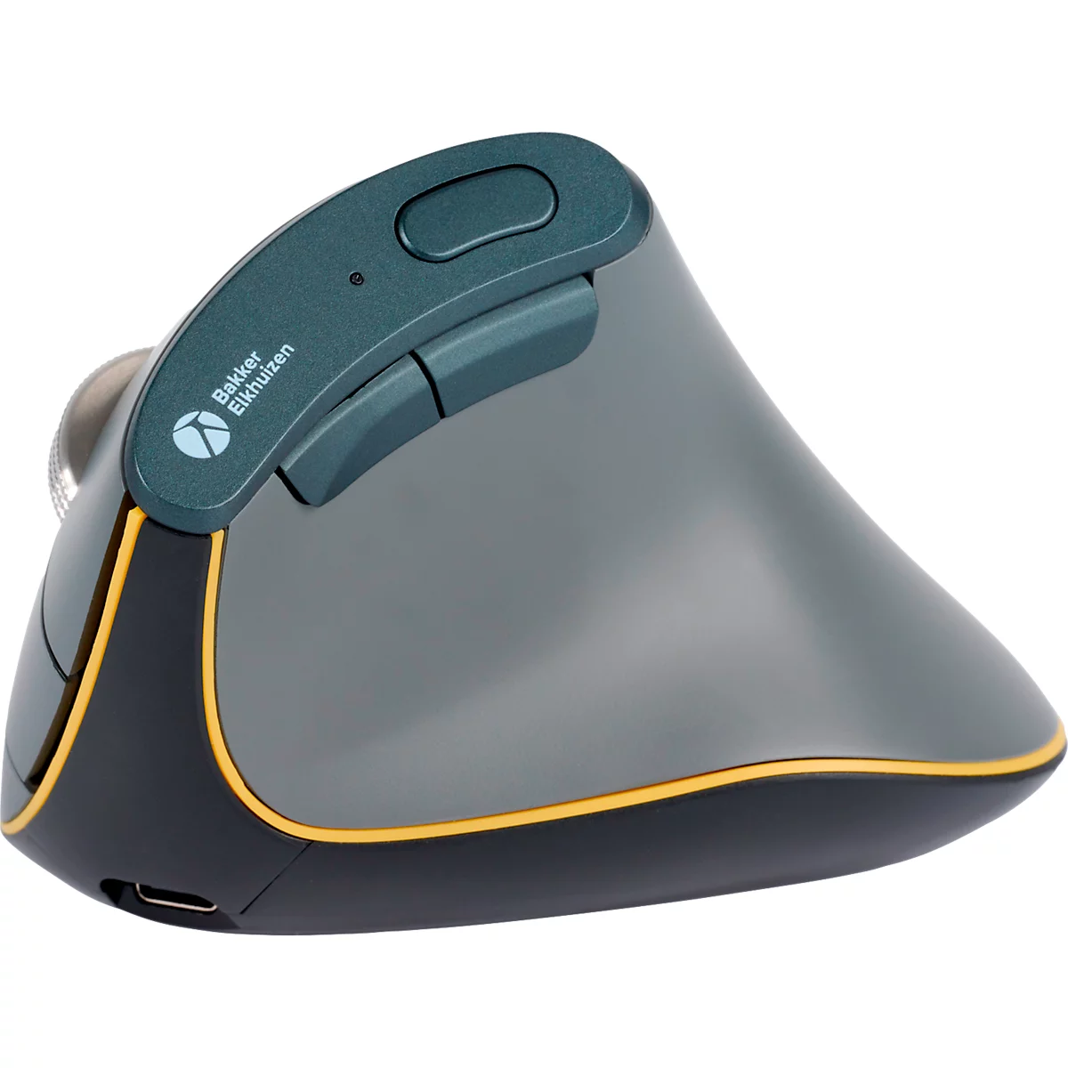 Ergonomische Maus in Grau mit grünen und gelben Akzenten, Marke Bakker Elkhuizen. Auf der Oberseite befindet sich eine Taste und die Aufschrift.