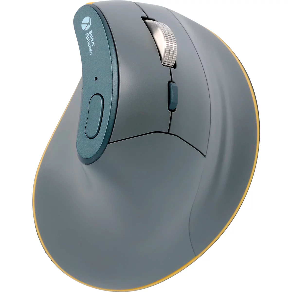 Graue ergonomische Maus mit gelber Umrandung. Auf der Seite sind Tasten und Schriftzüge erkennbar, sowie ein Scrollrad.