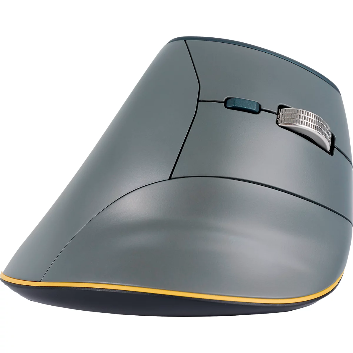 Graue ergonomische Maus mit gelbem Rand, Scrollrad und Tasten.