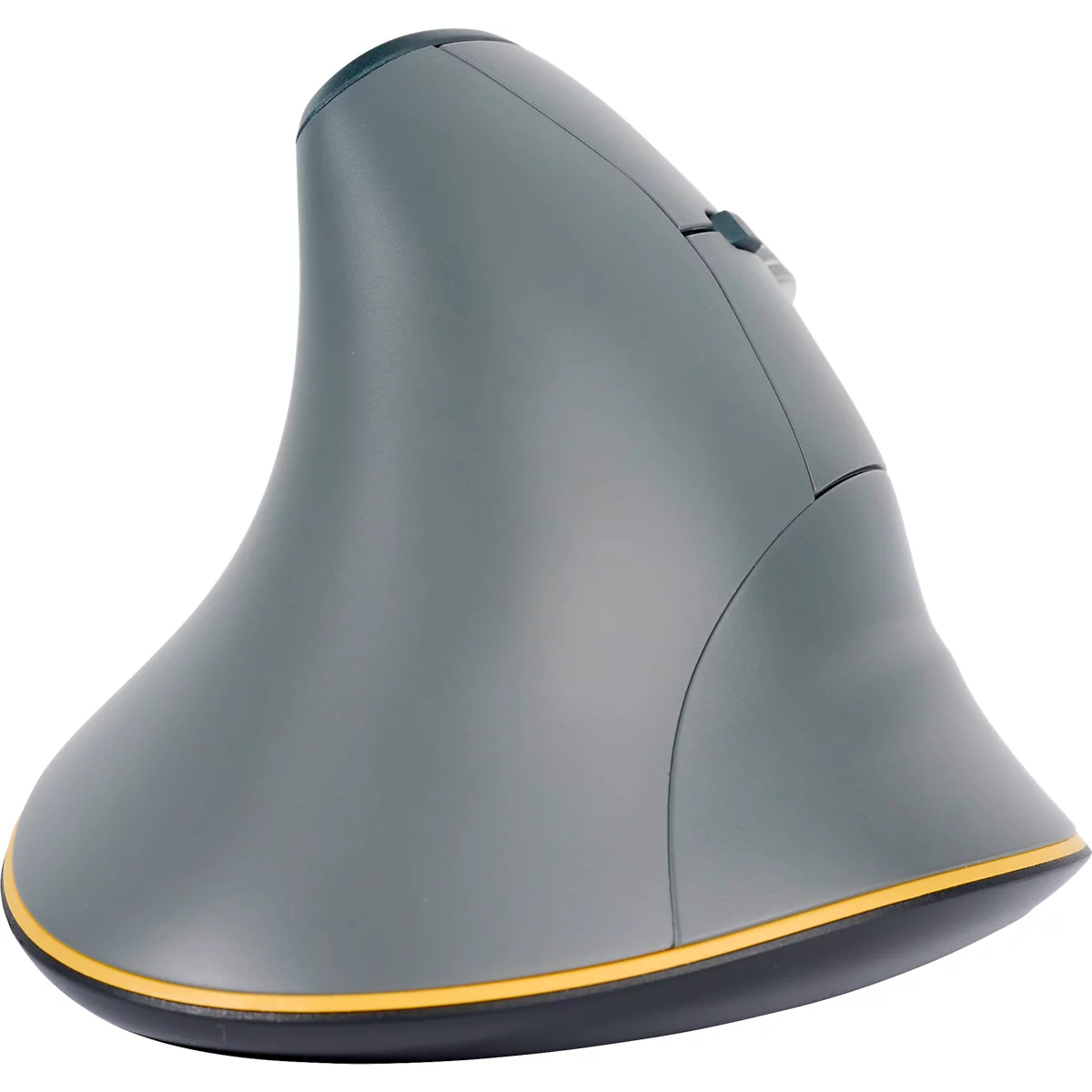 Ergonomische Maus in Grau mit gelber Umrandung. Der vertikale Formfaktor, für eine natürliche Handhaltung.