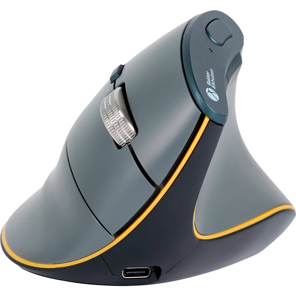 Ein ergonomische Maus in Grau und Schwarz, mit gelben Akzenten. Oben befinden sich eine Rolle und eine Taste.