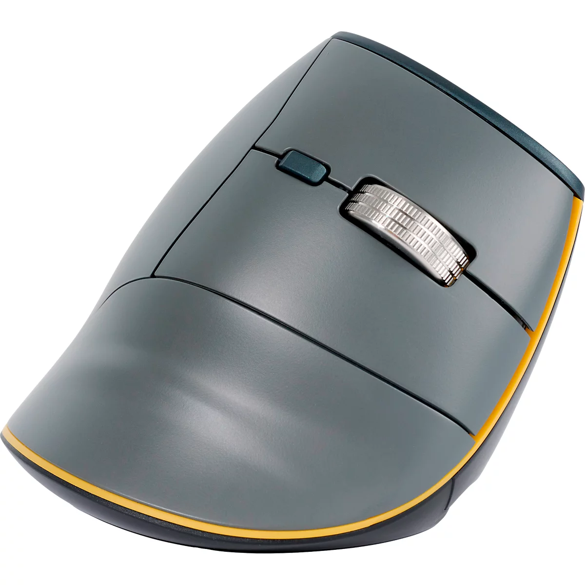 Graue ergonomische Maus mit gelbem Akzent, Scrollrad und Knöpfen.