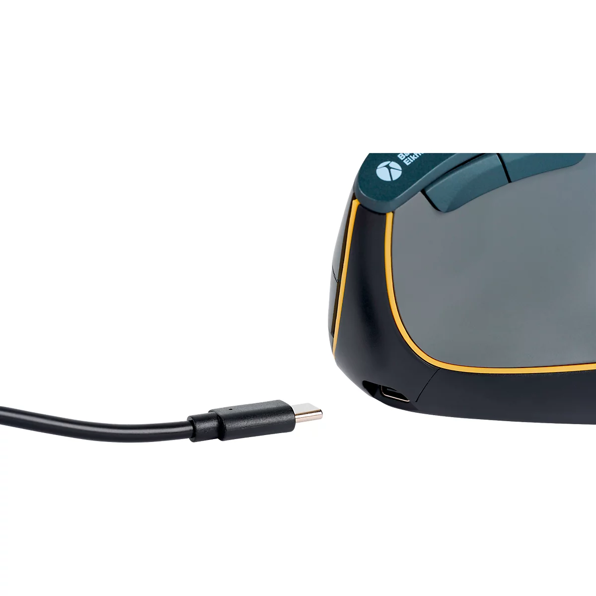 Drahtlose ergonomische Maus mit USB-C-Anschluss, schwarz und grau.