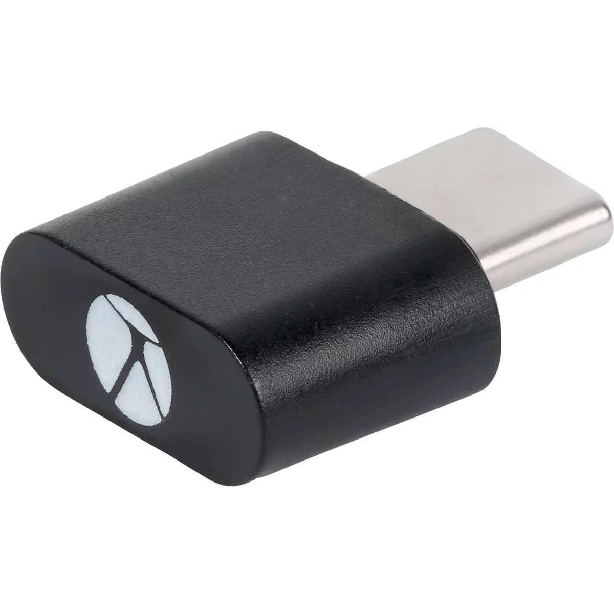 Schwarzer USB-C-Adapter mit weißem Logo. Der Stecker ist aus Metall.
