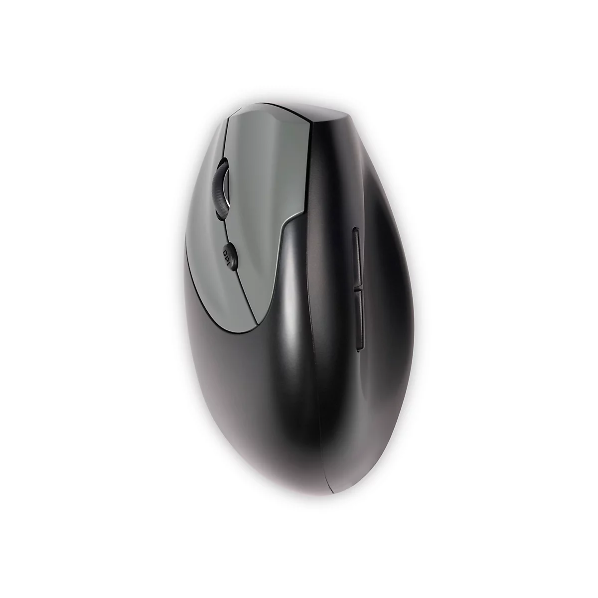 Ergonomische Maus in Schwarz und Grau, Detailansicht. Auf weißem Hintergrund.