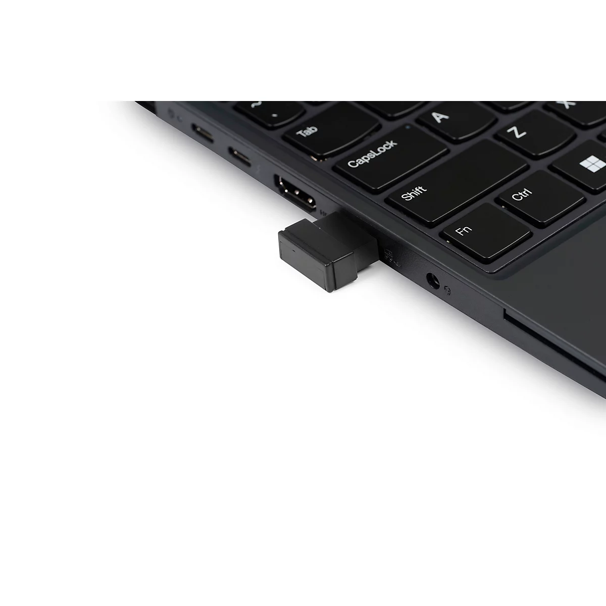 Schwarze, ergonomische Maus. Oberseite mit zwei Tasten, Markenlogo rechts unten.