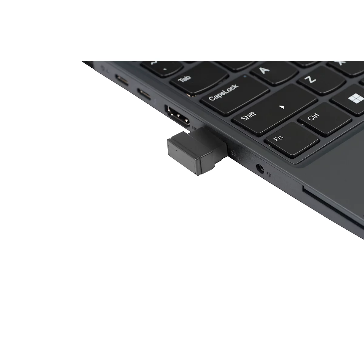 Ergonomische, graue und schwarze vertikale Maus. Mit Scrollrad, USB-C-Anschluss und kleiner Taste.