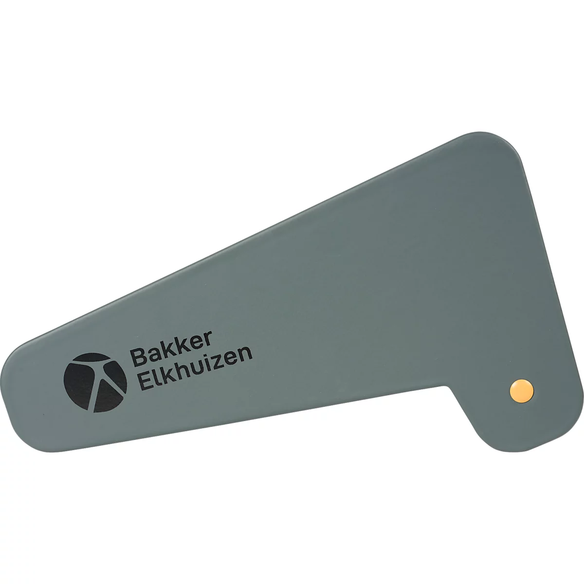 Grijs, driehoekig gereedschap. Bedrukt: "Bakker Elkhuizen" en een logo. Een goudkleurige stip aan de rechterkant.