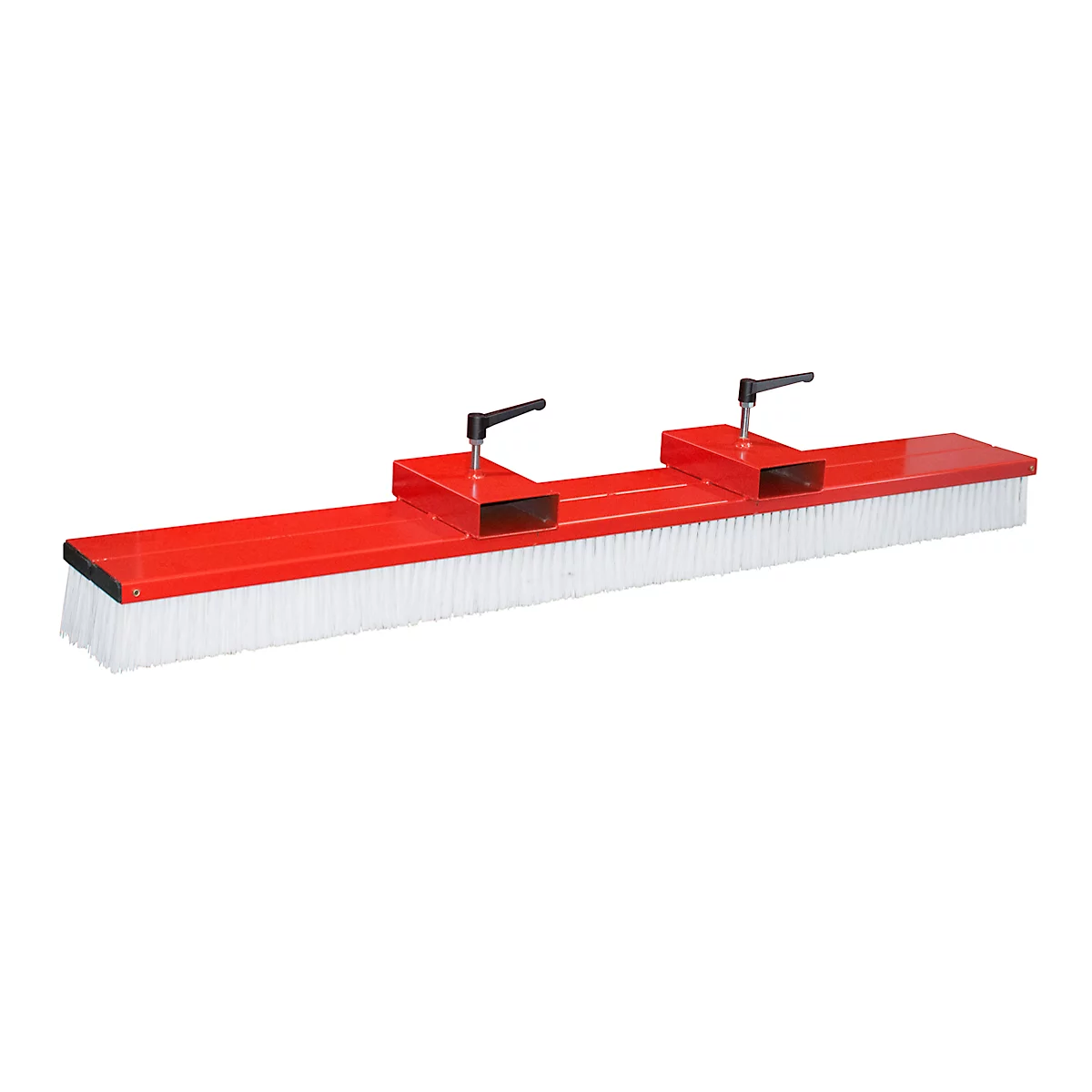Balai rouge avec des poils blancs et des poignées noires. La forme est rectangulaire et comporte deux poignées surélevées.