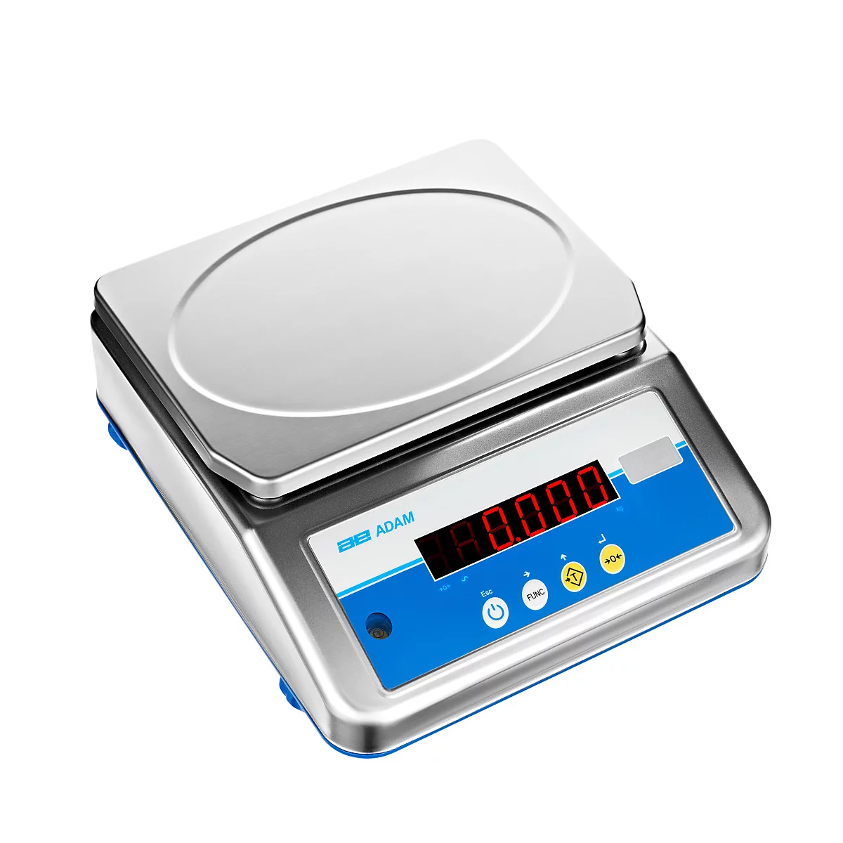 Une balance numérique avec un boîtier bleu et argent. L'écran affiche "0.000".