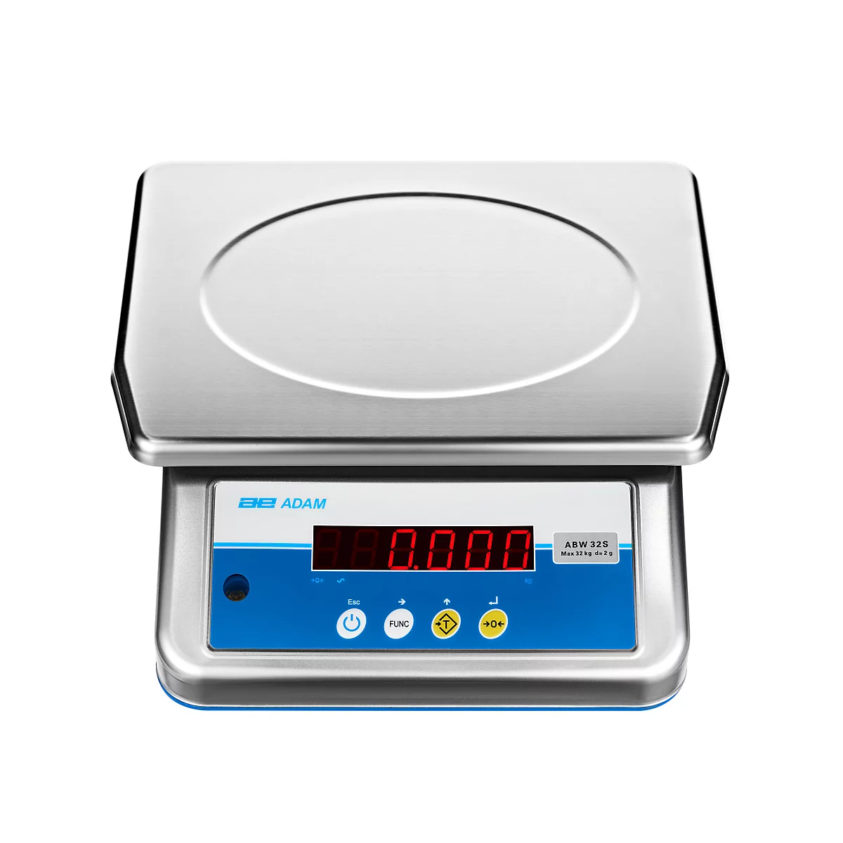 Une balance de cuisine numérique avec un panneau de commande bleu et un affichage rouge indiquant 0,000. Le plateau de pesée est argenté.