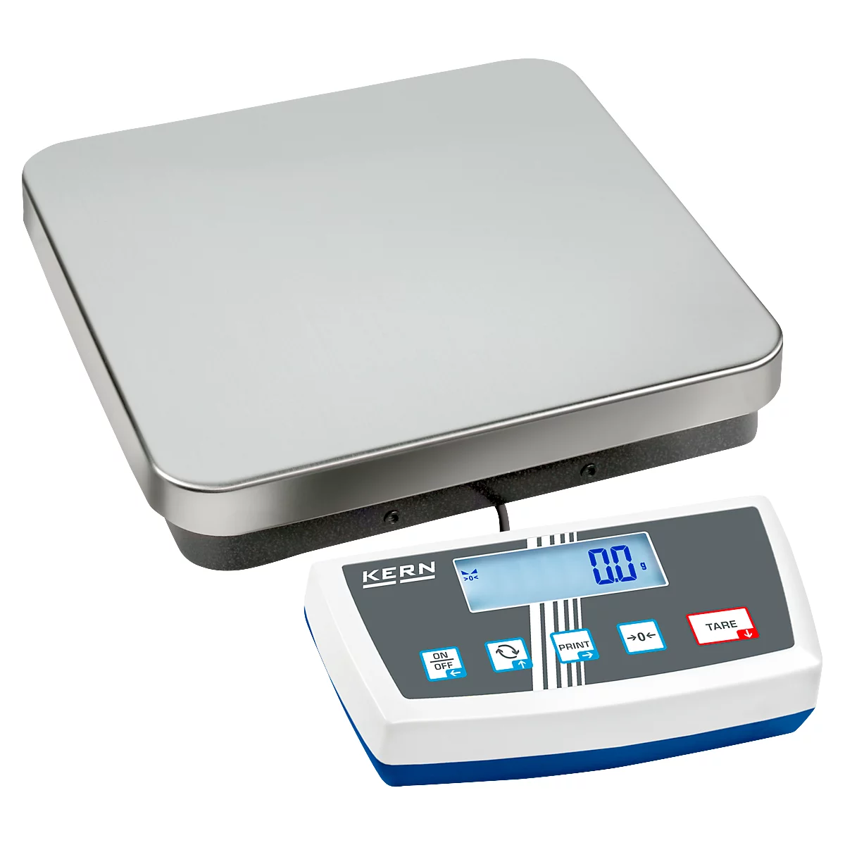 Une balance de cuisine numérique avec un plateau de pesée en acier inoxydable et un panneau de commande séparé.
