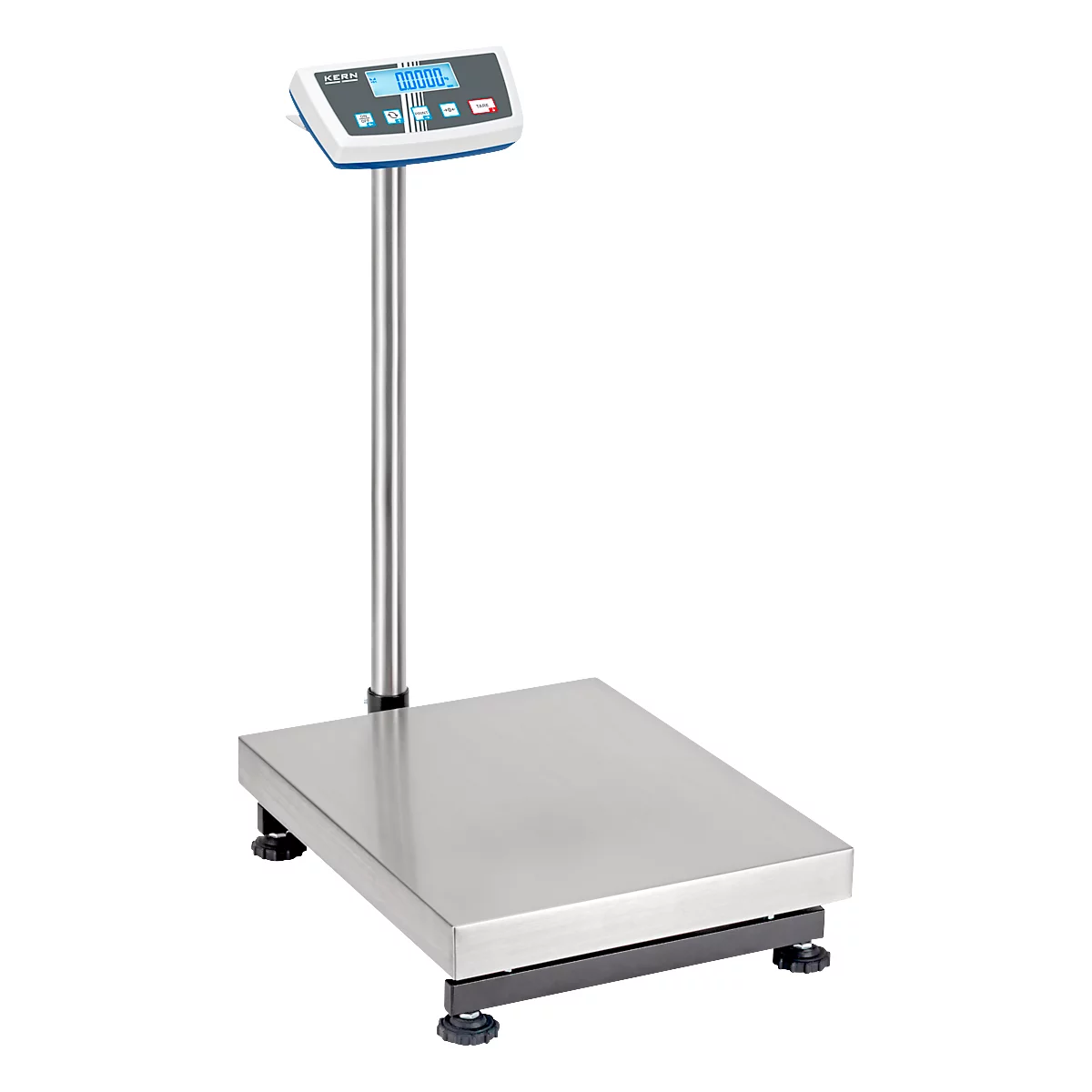 Une balance numérique en acier inoxydable avec un écran et une colonne. La balance repose sur quatre pieds.