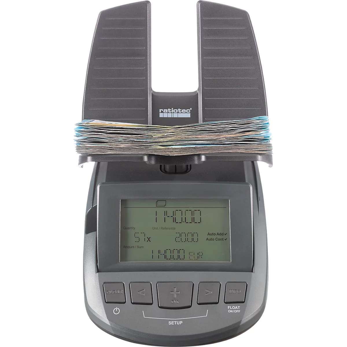 Balance pour argent ratiotec® RS 2000, pour pièces &amp; billets, options de monnaie EUR/GBP/CHF, port USB, monnaie, L 190 x l 130 x H 148 mm, anthracite