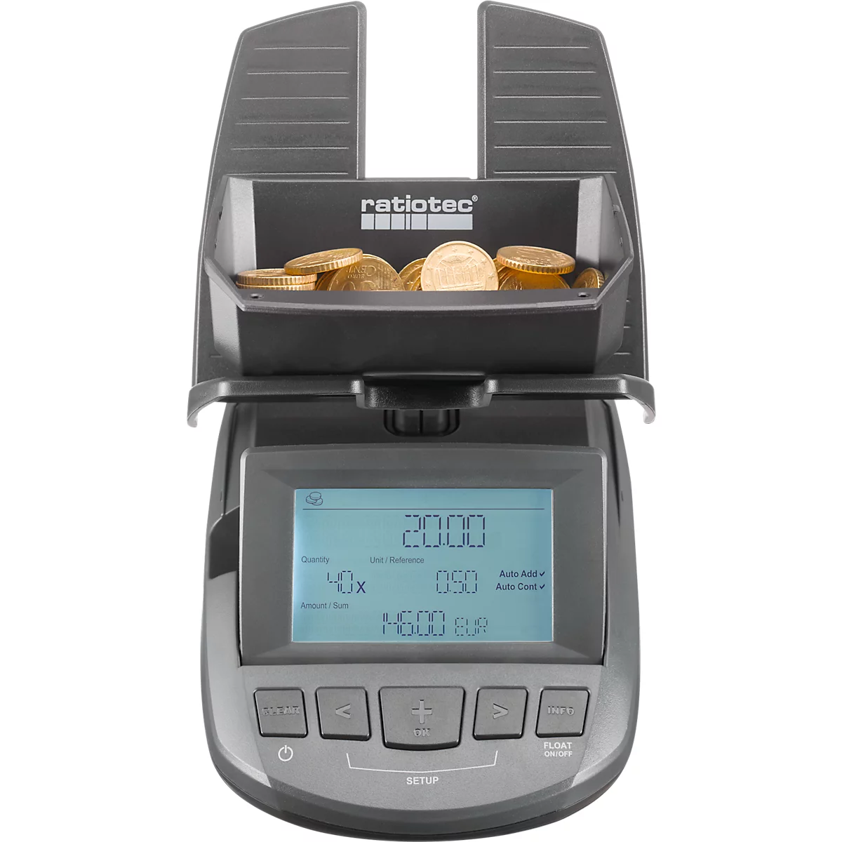 Balance pour argent ratiotec® RS 2000, pour pièces &amp; billets, options de monnaie EUR/GBP/CHF, port USB, monnaie, L 190 x l 130 x H 148 mm, anthracite