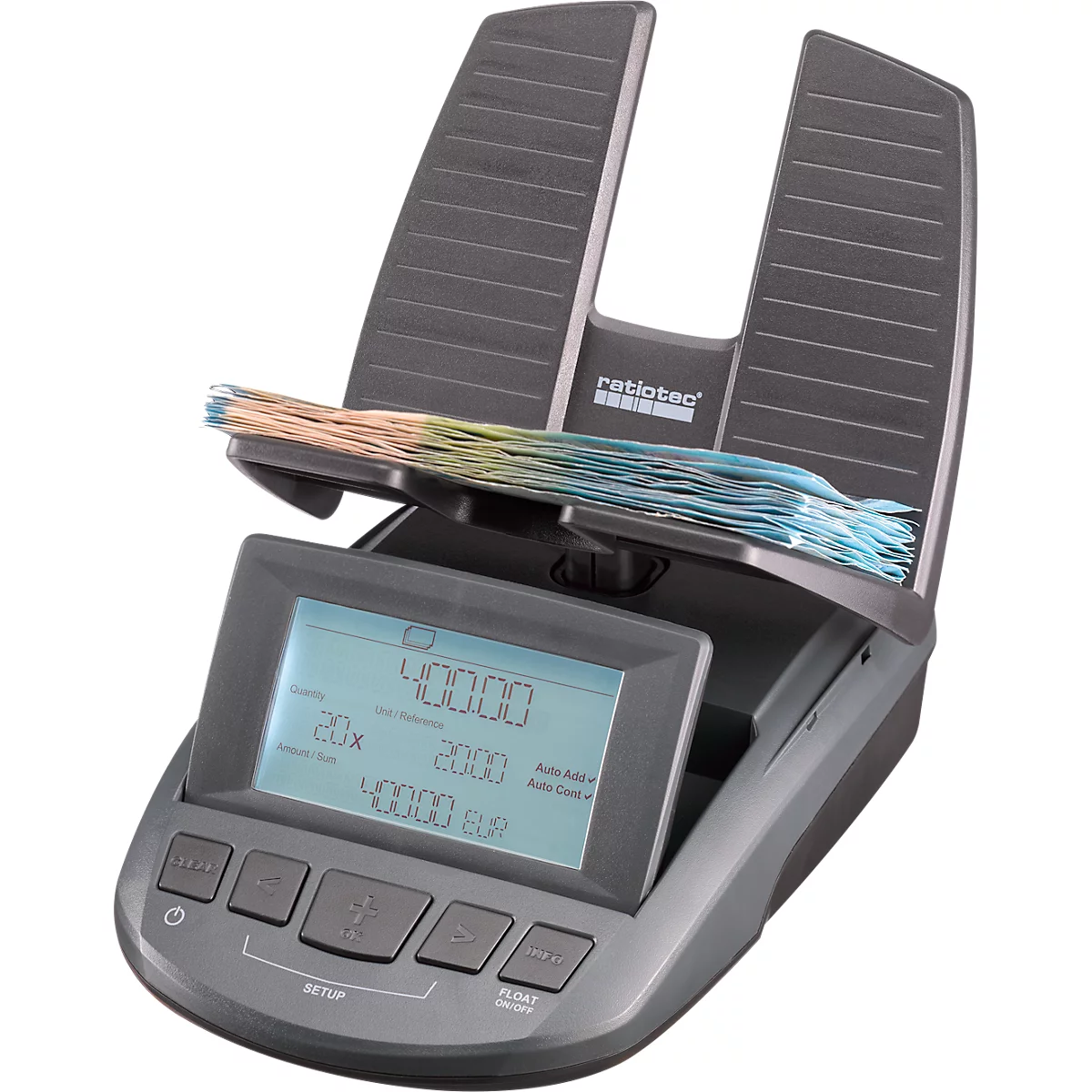 Balance pour argent ratiotec® RS 2000, pour pièces &amp; billets, options de monnaie EUR/GBP/CHF, port USB, monnaie, L 190 x l 130 x H 148 mm, anthracite