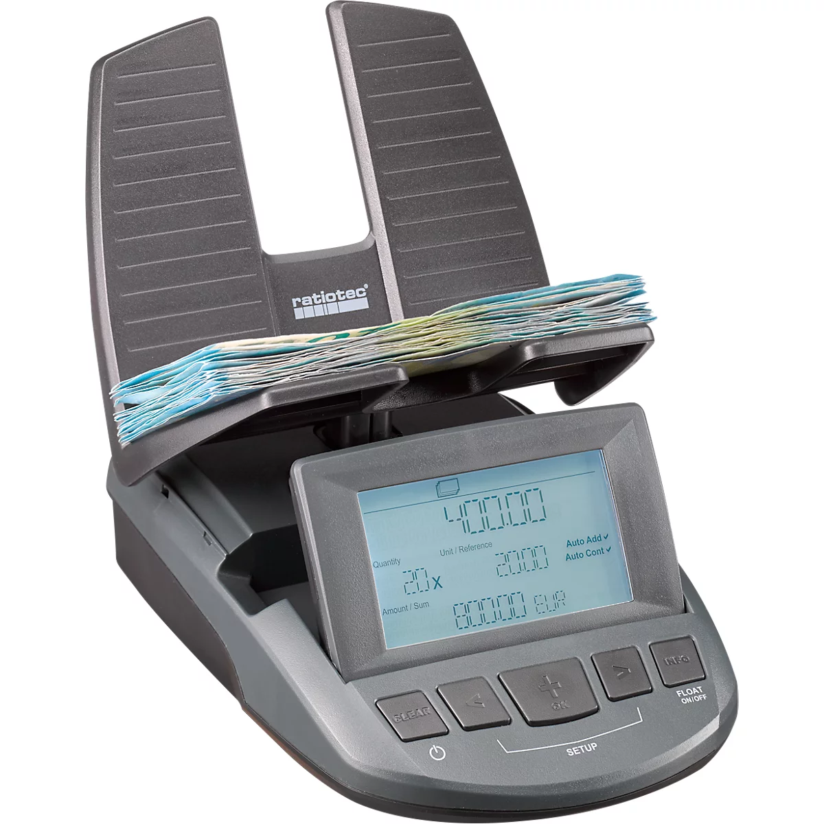 Balance pour argent ratiotec® RS 2000, pour pièces &amp; billets, options de monnaie EUR/GBP/CHF, port USB, monnaie, L 190 x l 130 x H 148 mm, anthracite