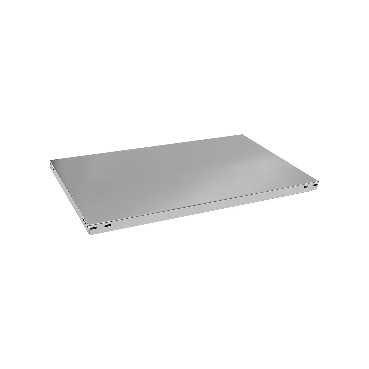Un estante de metal plateado, rectangular, visto ligeramente en diagonal desde arriba. Hay pequeños agujeros en los lados.