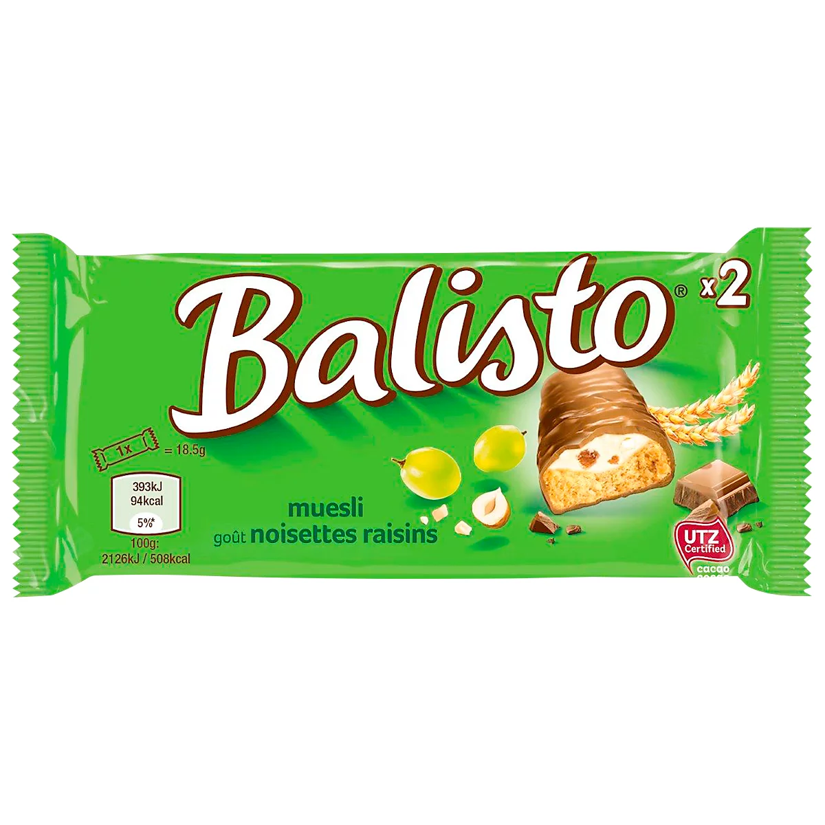 Balisto mueslireep chocolade met hazelnootcrème en sultana's, 20 zakjes x 37 g