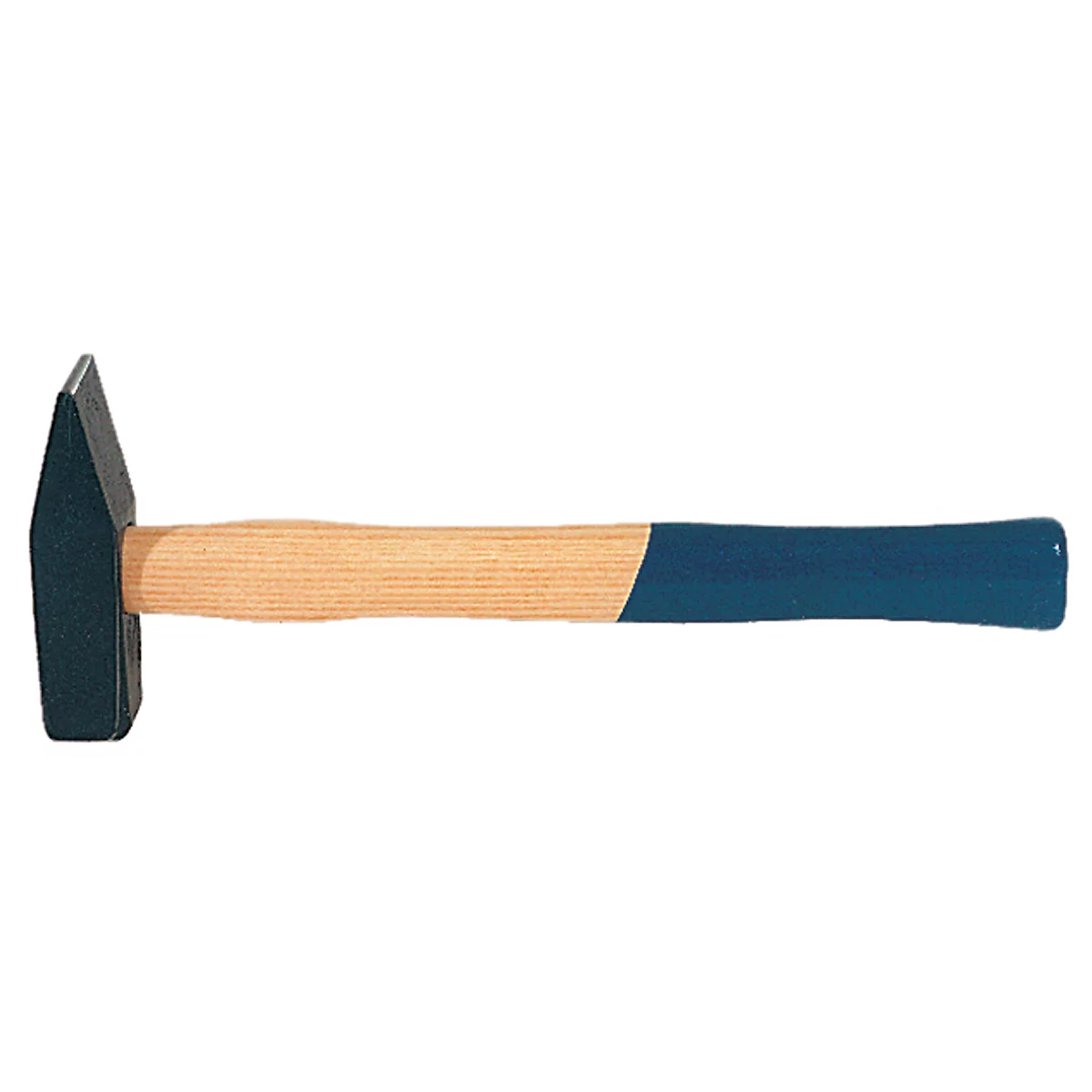 A hammer with a wooden handle and blue grip. The hammer head is black.