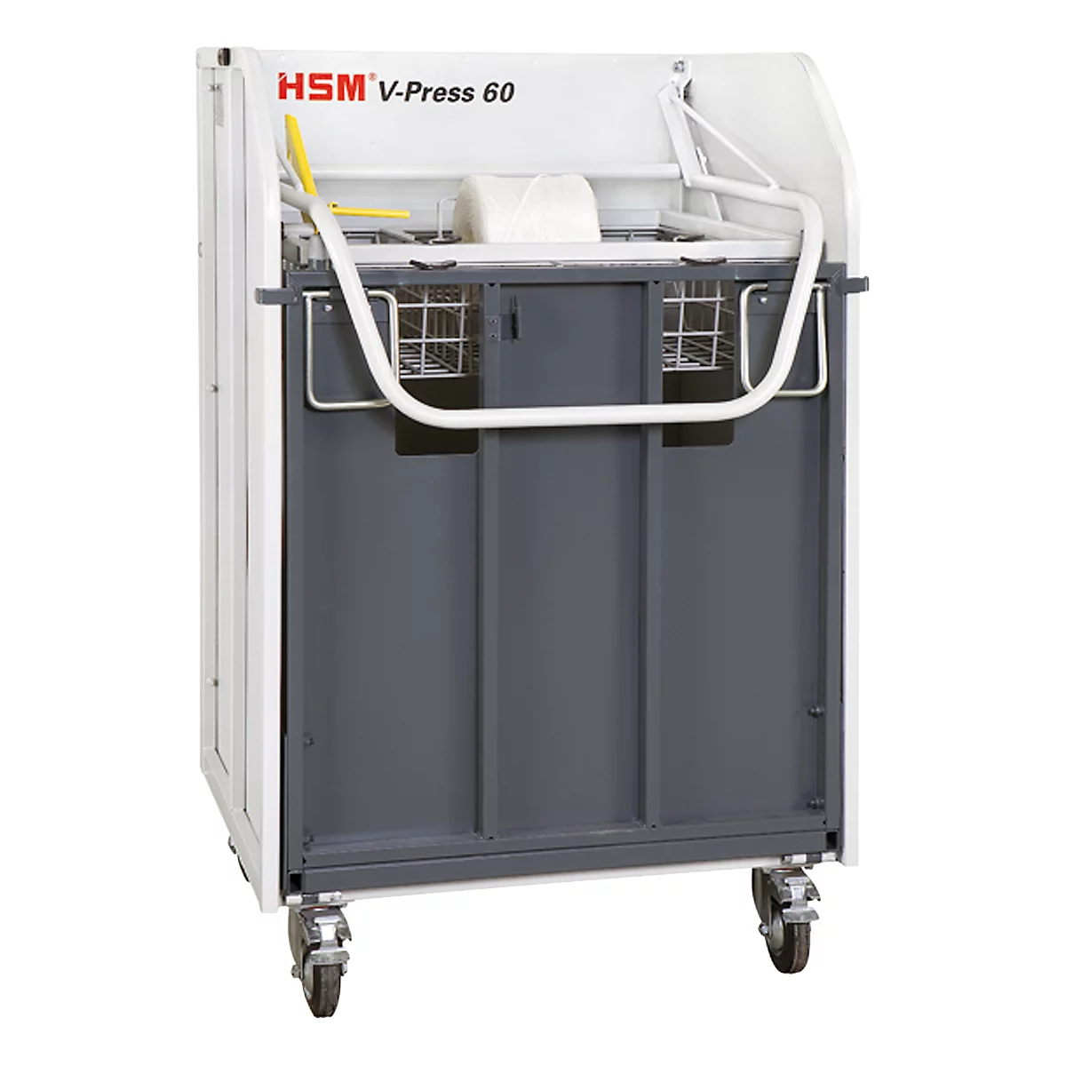Ballenpresse HSM V-Press 60, manuell, 3 Umreifungen in Kreuzabbindung für Ballen bis 40 kg, mit Lenk- & Bockrollen