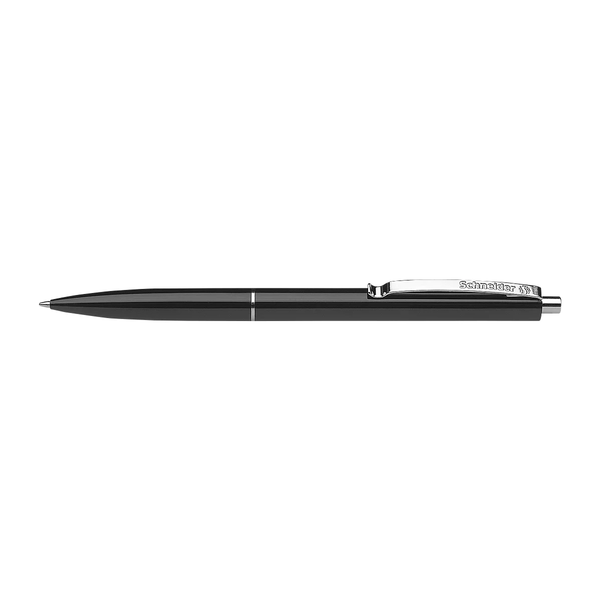 Black ballpoint pen with silver tip and clip. The clip has the lettering 'Schneider'.