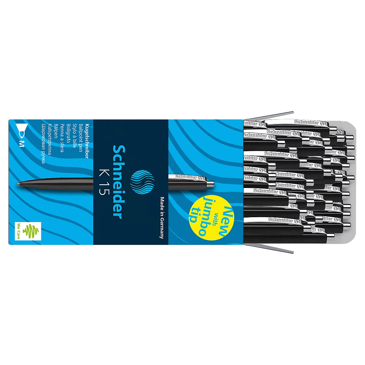 Opened ballpoint pen box with pens, box with blue text: Schneider K15, jumbo tip, made in Germany.
