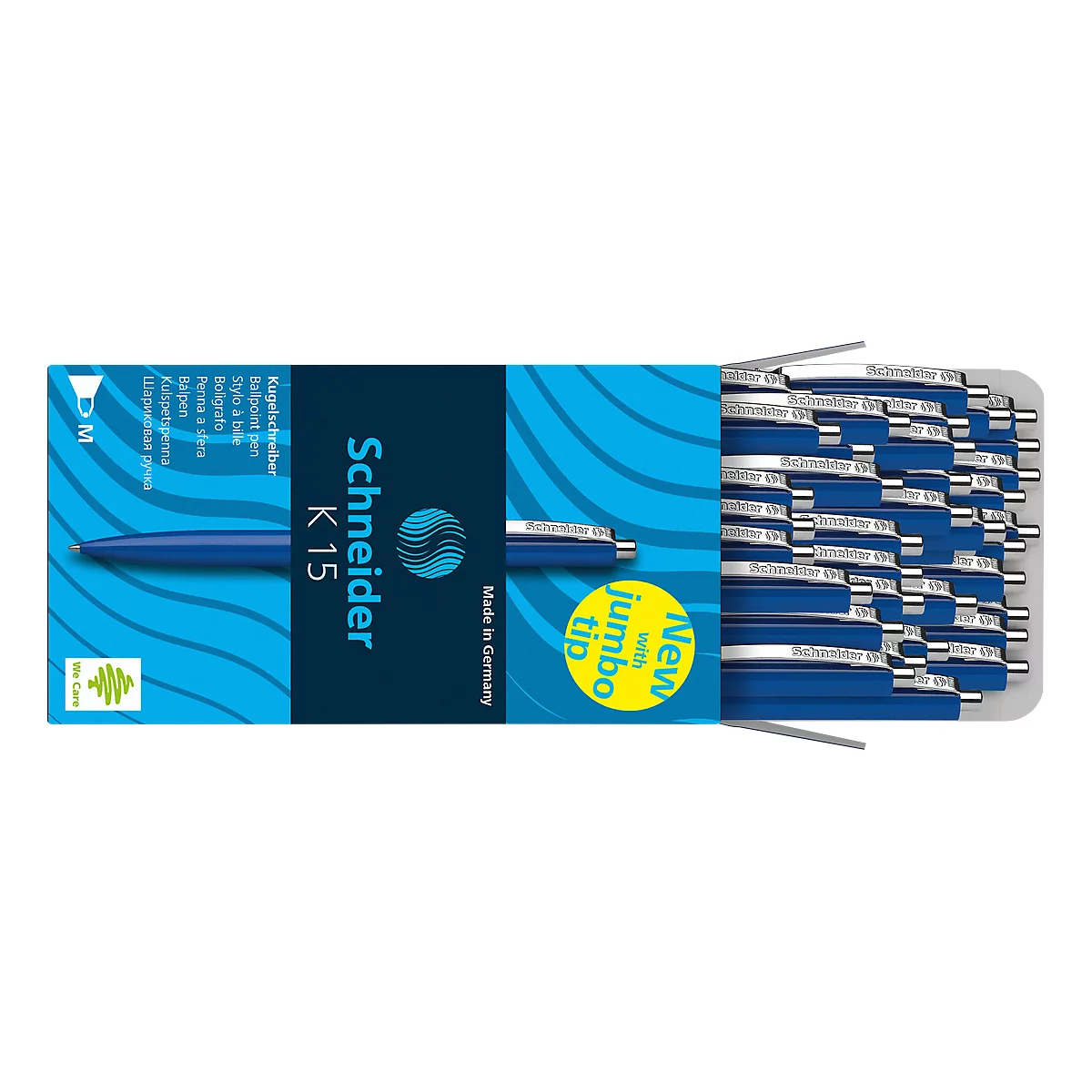A box of blue Schneider K15 ballpoint pens. The lid shows details including 'New with jumbo tip'.