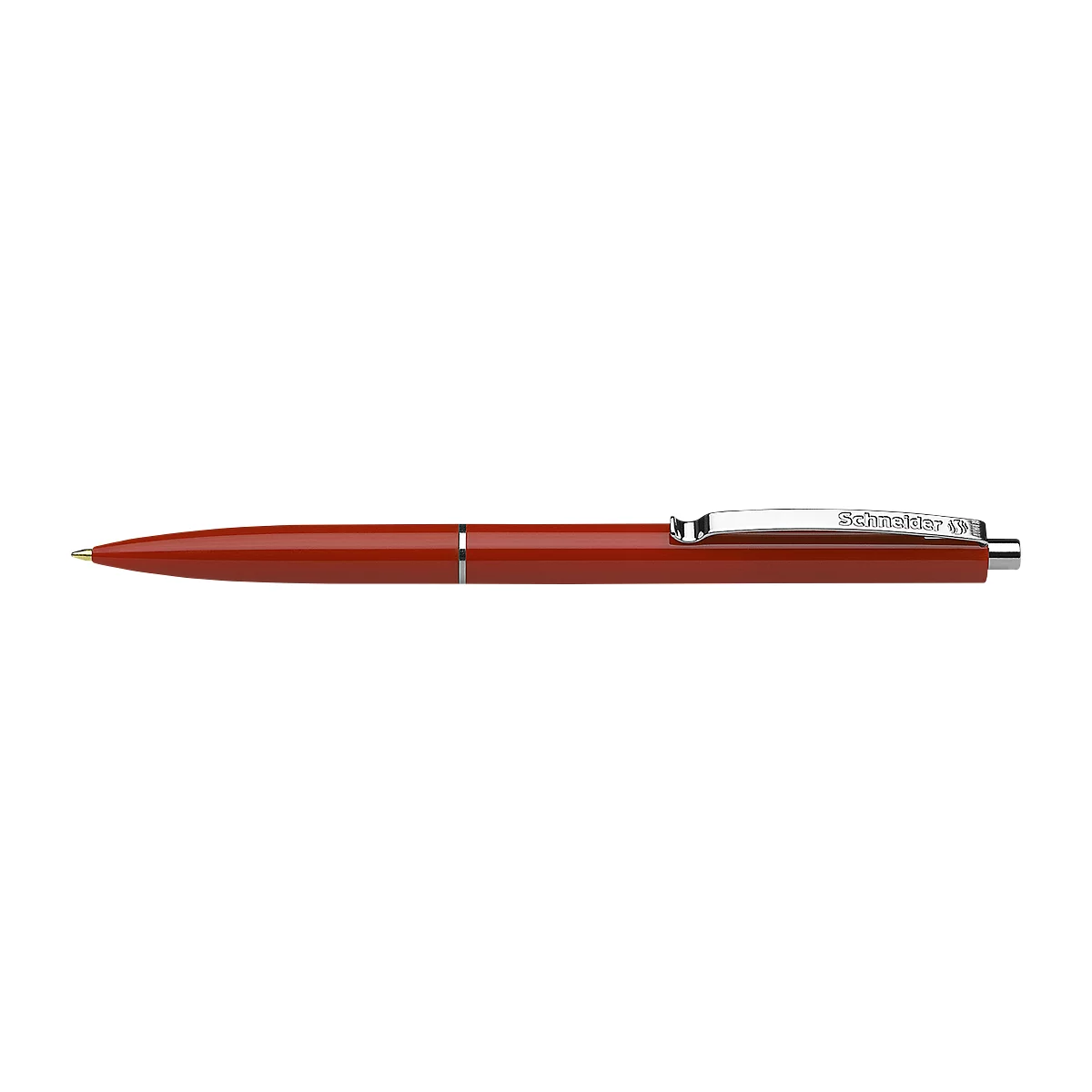 A red ballpoint pen with silver accents and a company logo.