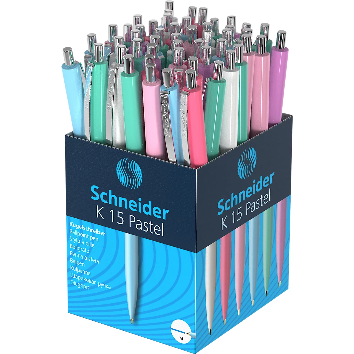 A box filled with pastel-colored ballpoint pens. The box bears the inscription 'Schneider K 15 Pastel'.