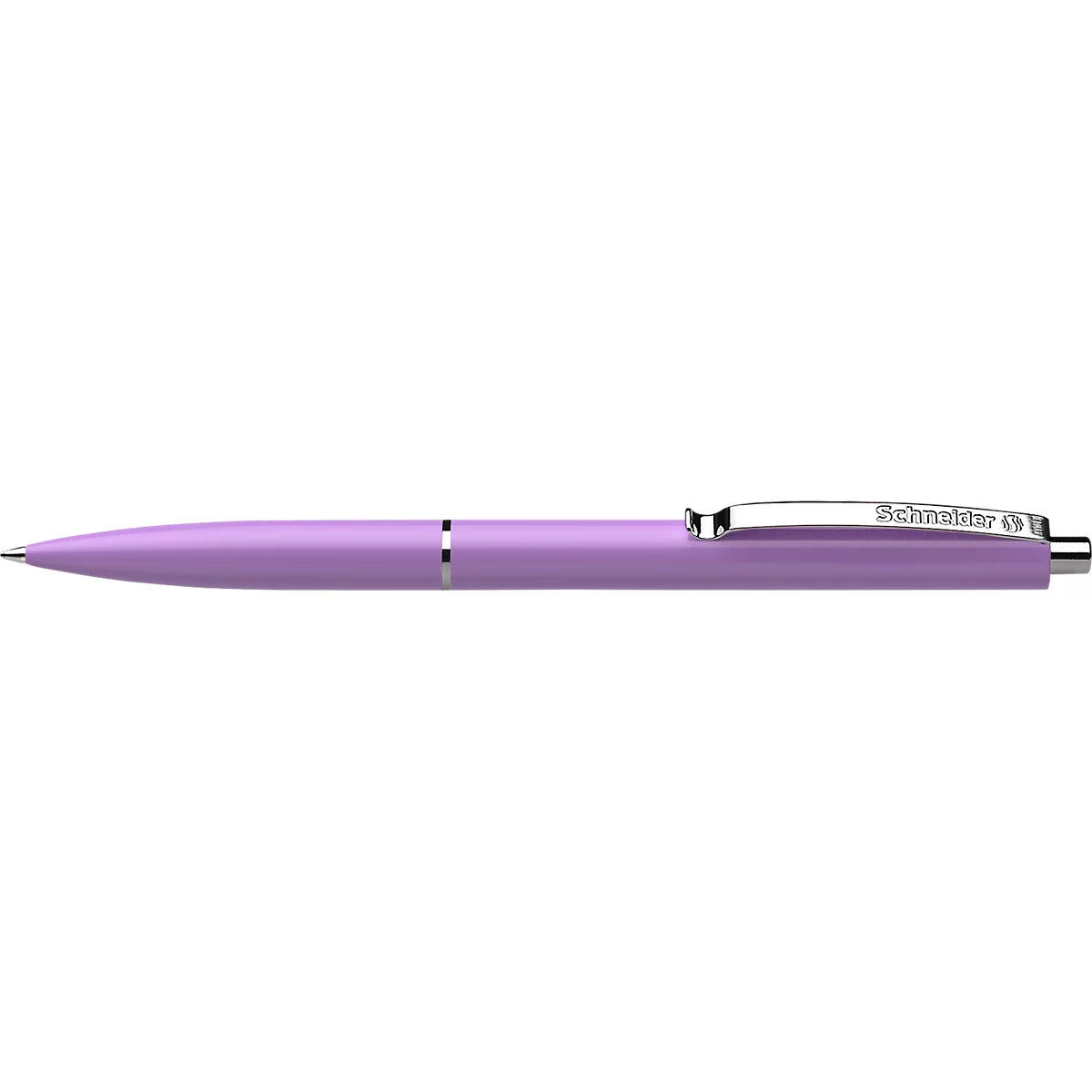 A purple ballpoint pen with a metal clip. "Schneider" is written on the clip in small print.