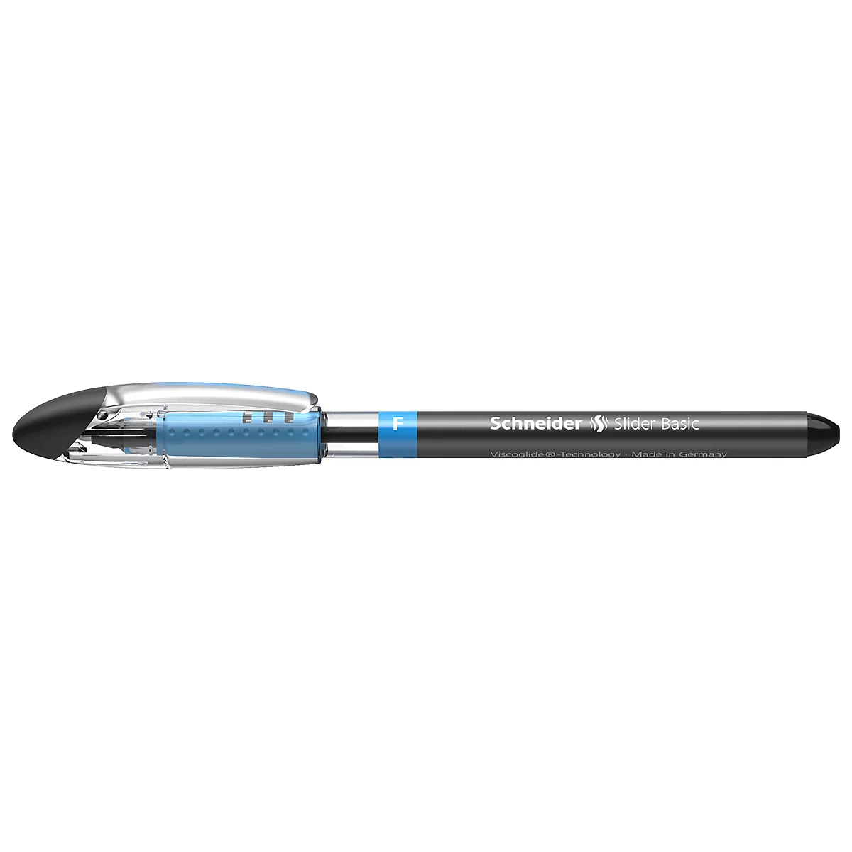 A black ballpoint pen with a blue rubber grip and a blue band that reads Schneider Slider Basic.
