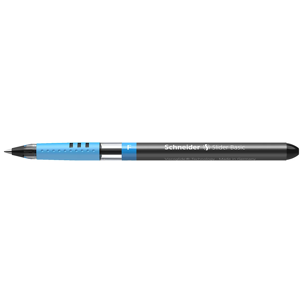 Close-up of a blue and black pen with the inscription "Schneider".
