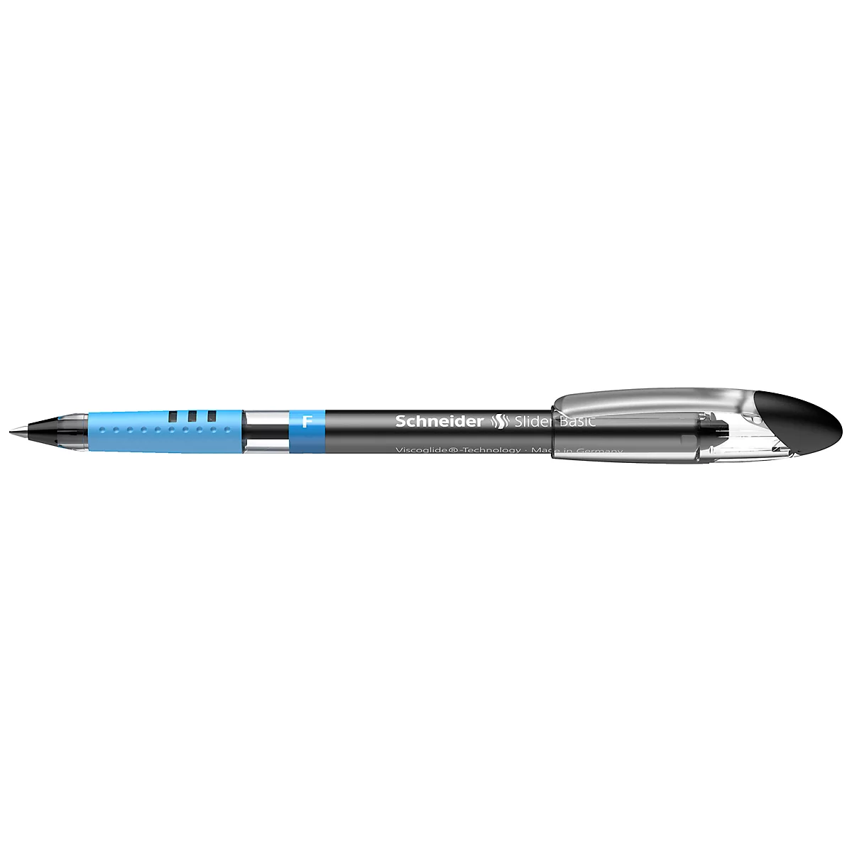 A pen with a blue handle and silver tip. The pen is from the Schneider brand.