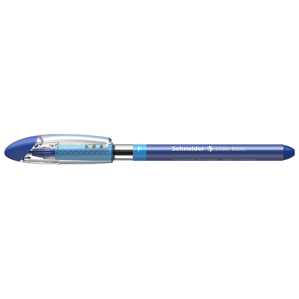 Blue ballpoint pen with transparent housing and the inscription "Schneider Slider Basic".