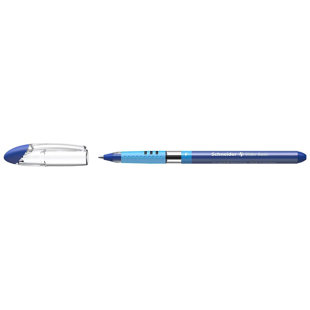 Blue ballpoint pen, partially visible. The pen has a blue tip and a blue barrel, marked with the lettering "Schneider".