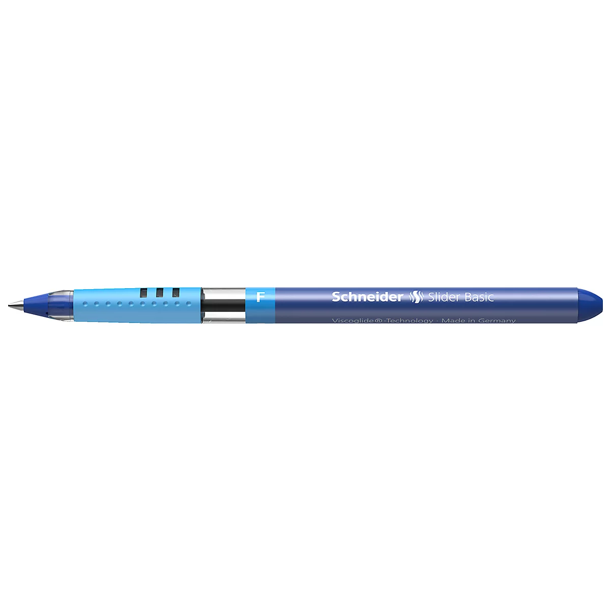 Blue pen from Schneider. The shaft is blue, with white lettering.