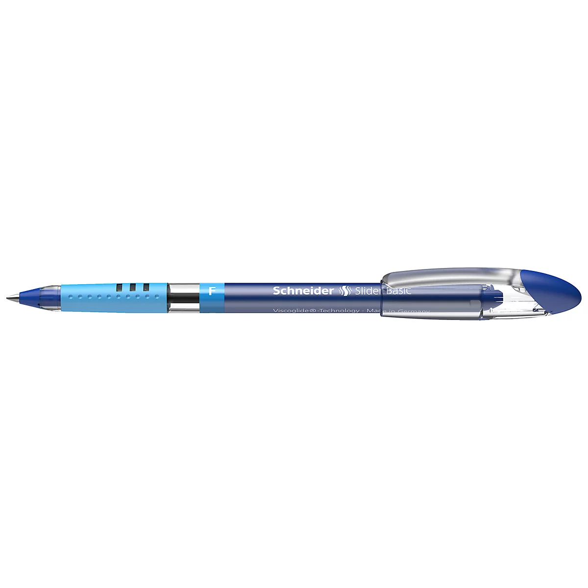 Blue ballpoint pen with a silver clip. The pen has the words "Schneider" and "Slider Memo" on the barrel.