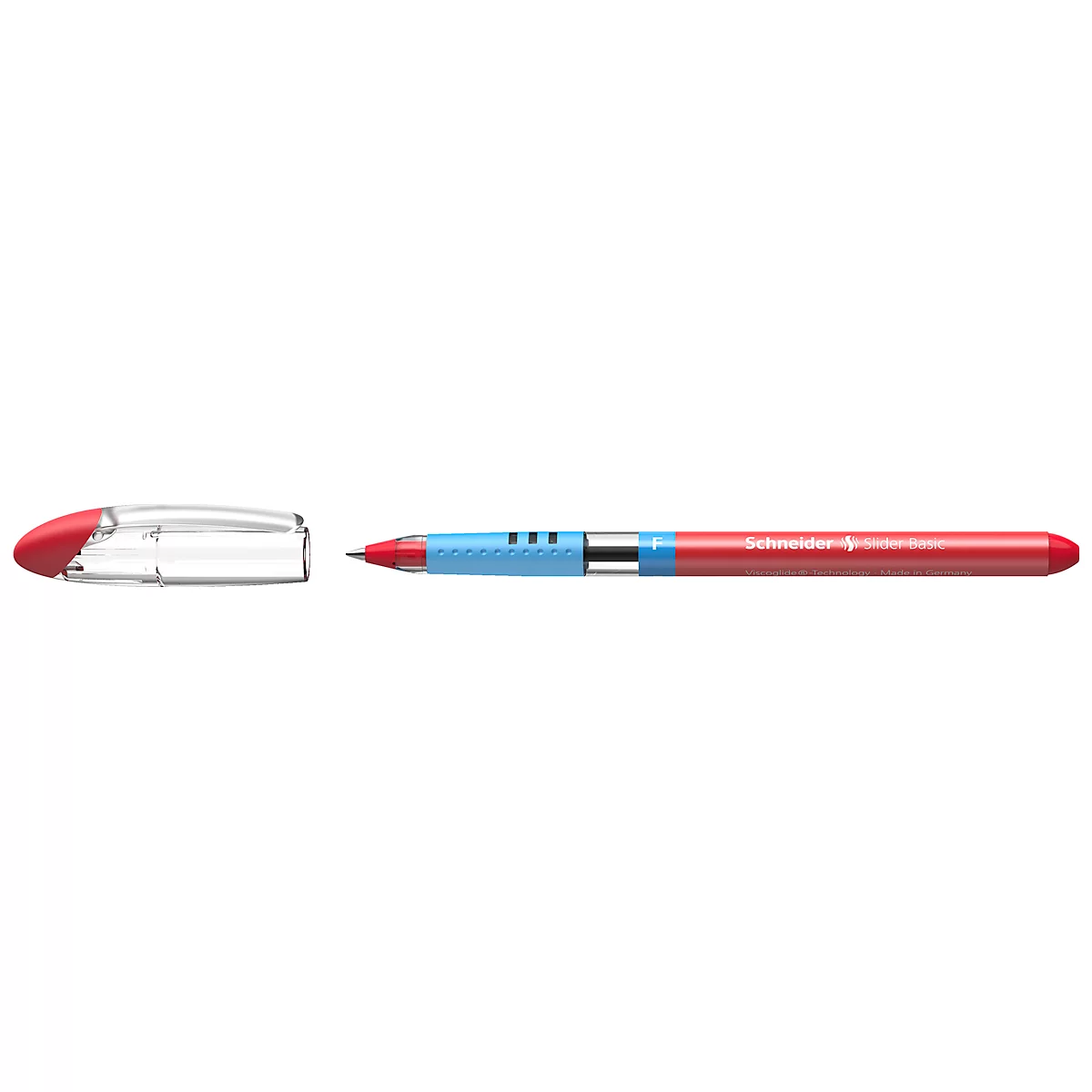 A red Schneider ballpoint pen with blue and silver details and a separate cap.