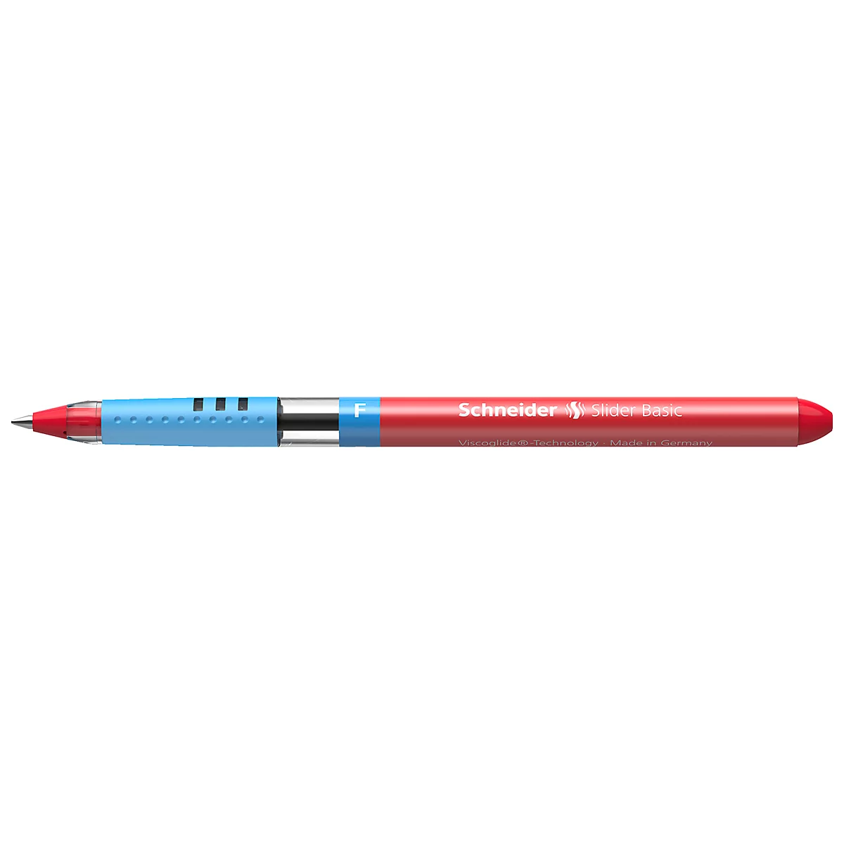 A red pen with a blue middle part and lettering, from the brand Schneider.