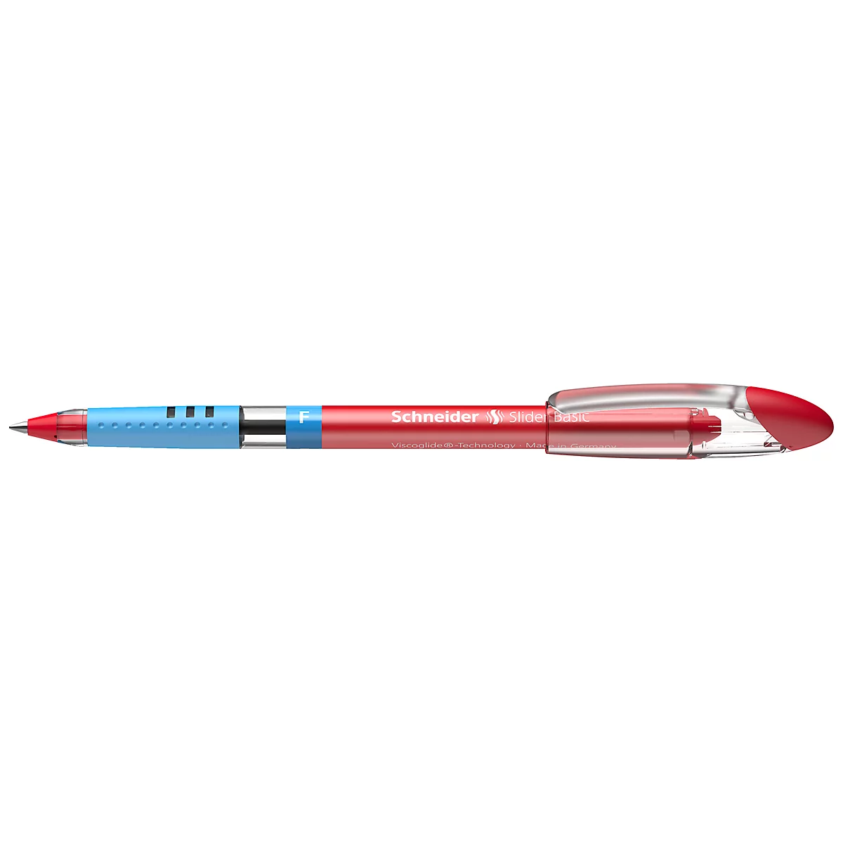 A red Schneider brand ballpoint pen. The pen has a blue and transparent plastic casing.